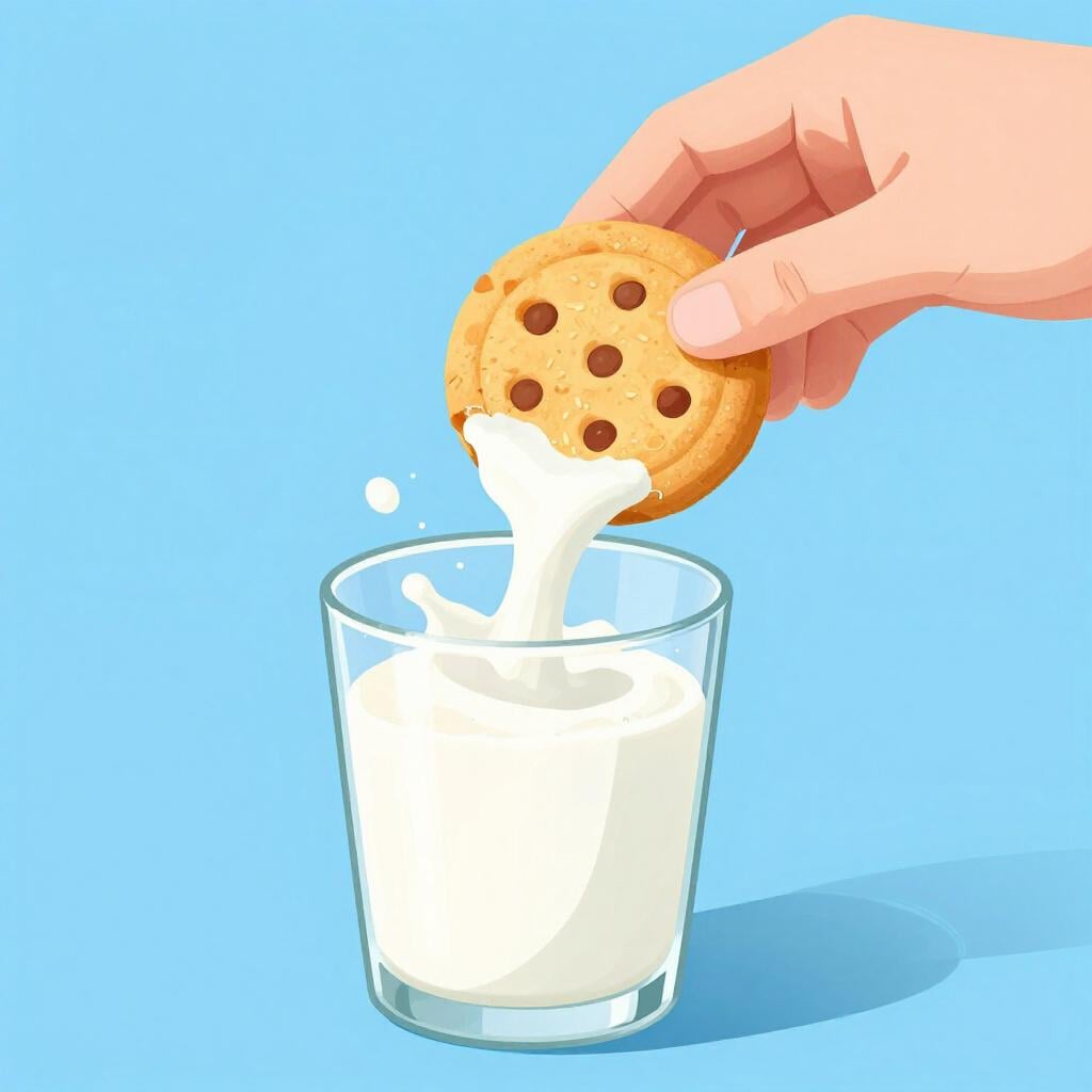 Une main tenant un biscuit doré et le trempant dans un verre de lait blanc.