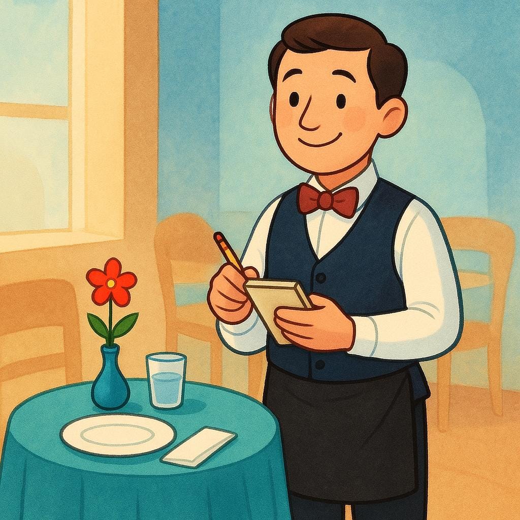 A happy waiter standing beside a table, holding a small notepad, ready to take a customer's food order in a brightly lit restaurant.