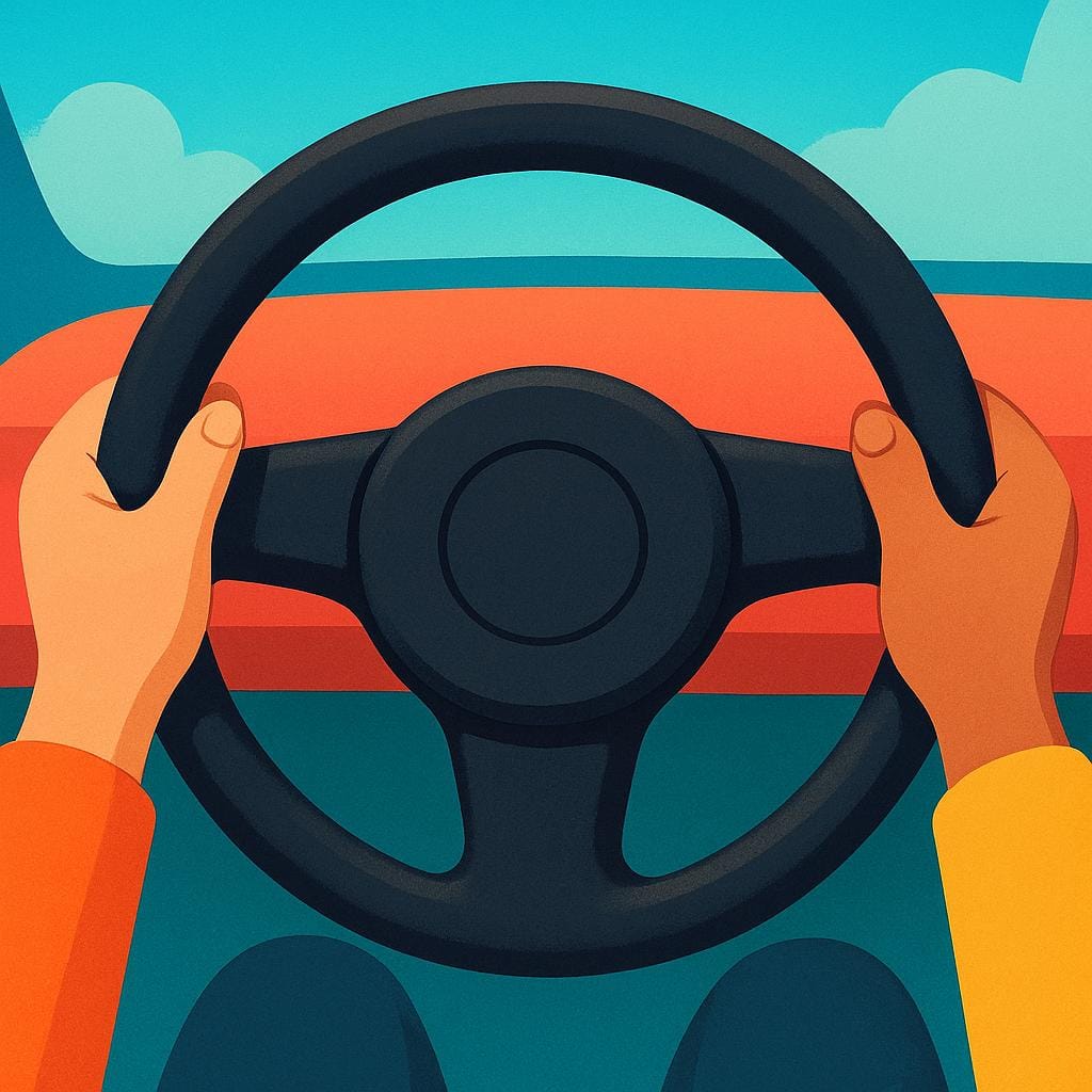 A close-up view showing a person's hands firmly gripping a large steering wheel inside a colorful vehicle, illustrating the act of driving.