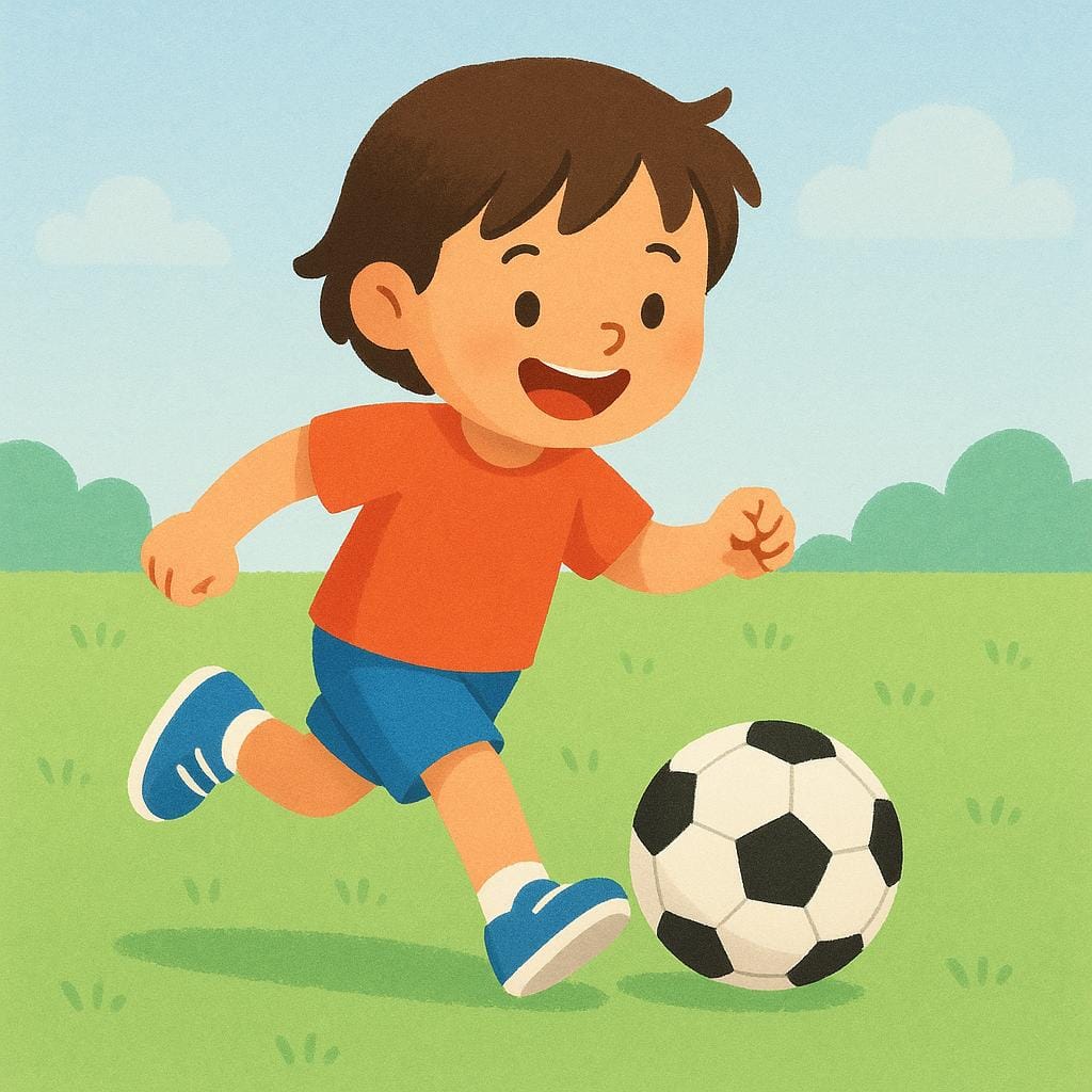 Un jeune enfant avec un grand sourire dribblant joyeusement un ballon de football sur un terrain vert ensoleillé, illustrant un plaisir passé.