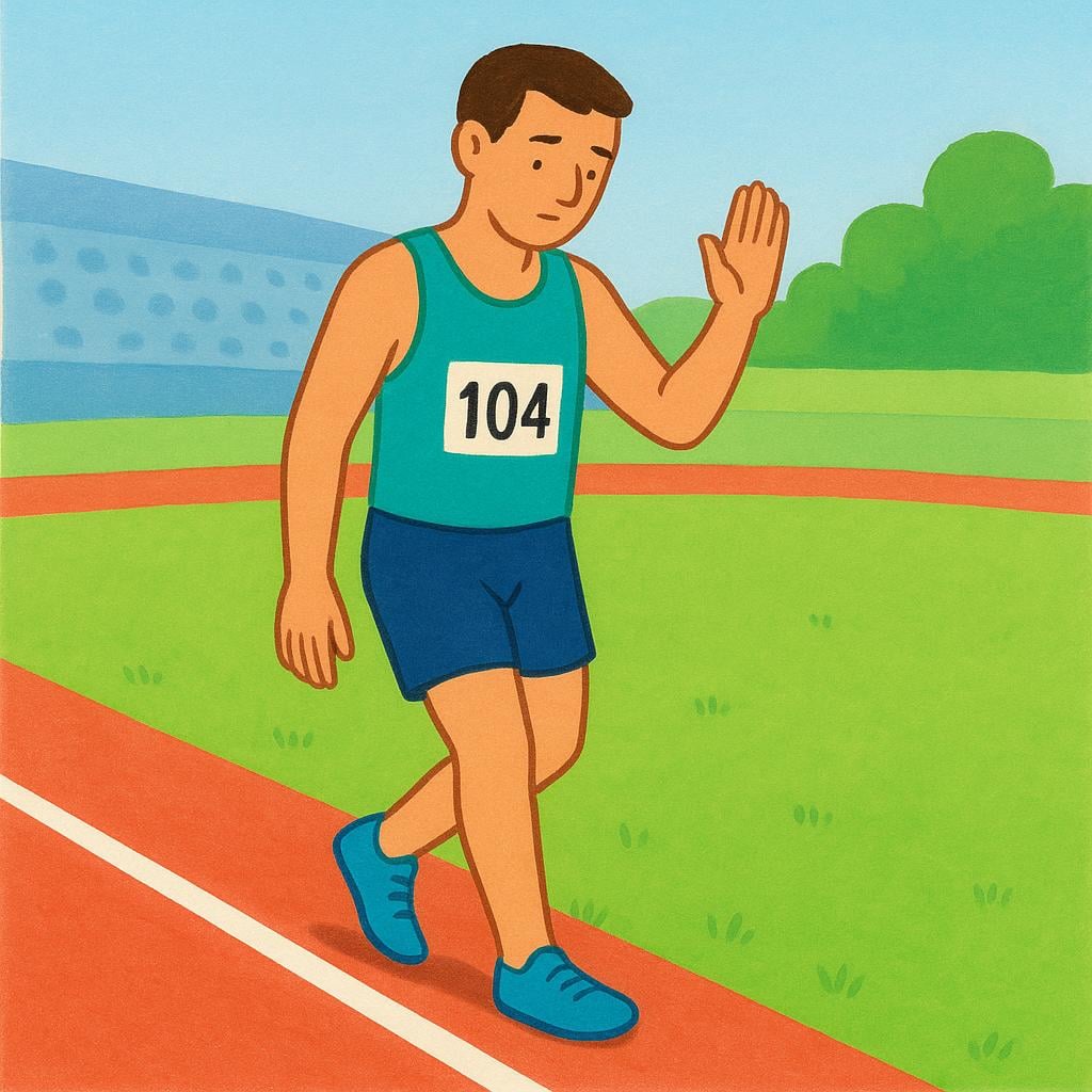 A runner stopping on a dirt track and stepping off the competitive running path onto the grass, turning their back on the race.