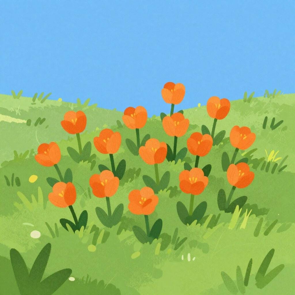 A small patch of bright orange wildflowers spreading across a green field.