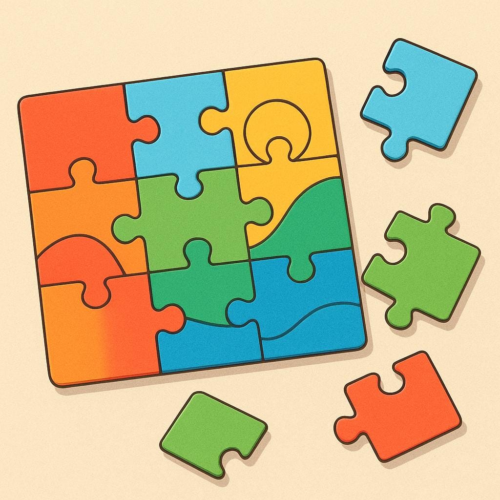 A colorful, partially completed jigsaw puzzle resting on a flat surface, showing several interlocking pieces already connected.