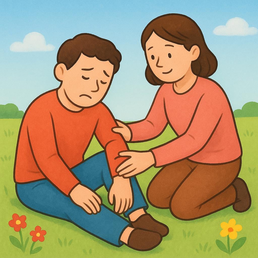 A simple illustration showing an adult sitting on the ground with a sprained ankle, being gently helped up by another person.