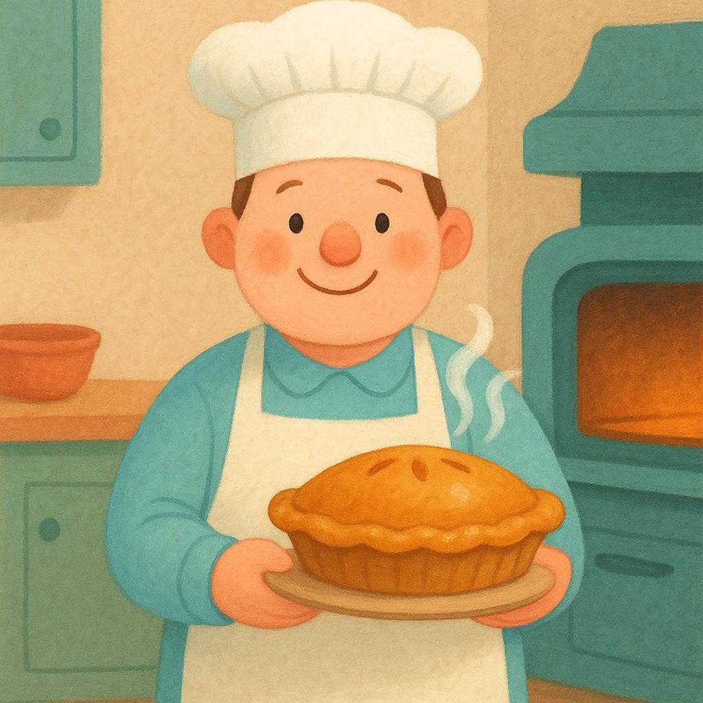 A baker proudly holding up a perfectly baked, golden-brown pie, symbolizing a successful result or outcome.