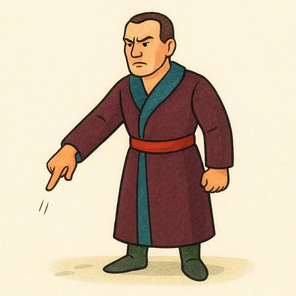 Une figure sévère avec une posture d'autorité claire, pointant un doigt vers le bas avec insistance, indiquant qu'un ordre a été donné.