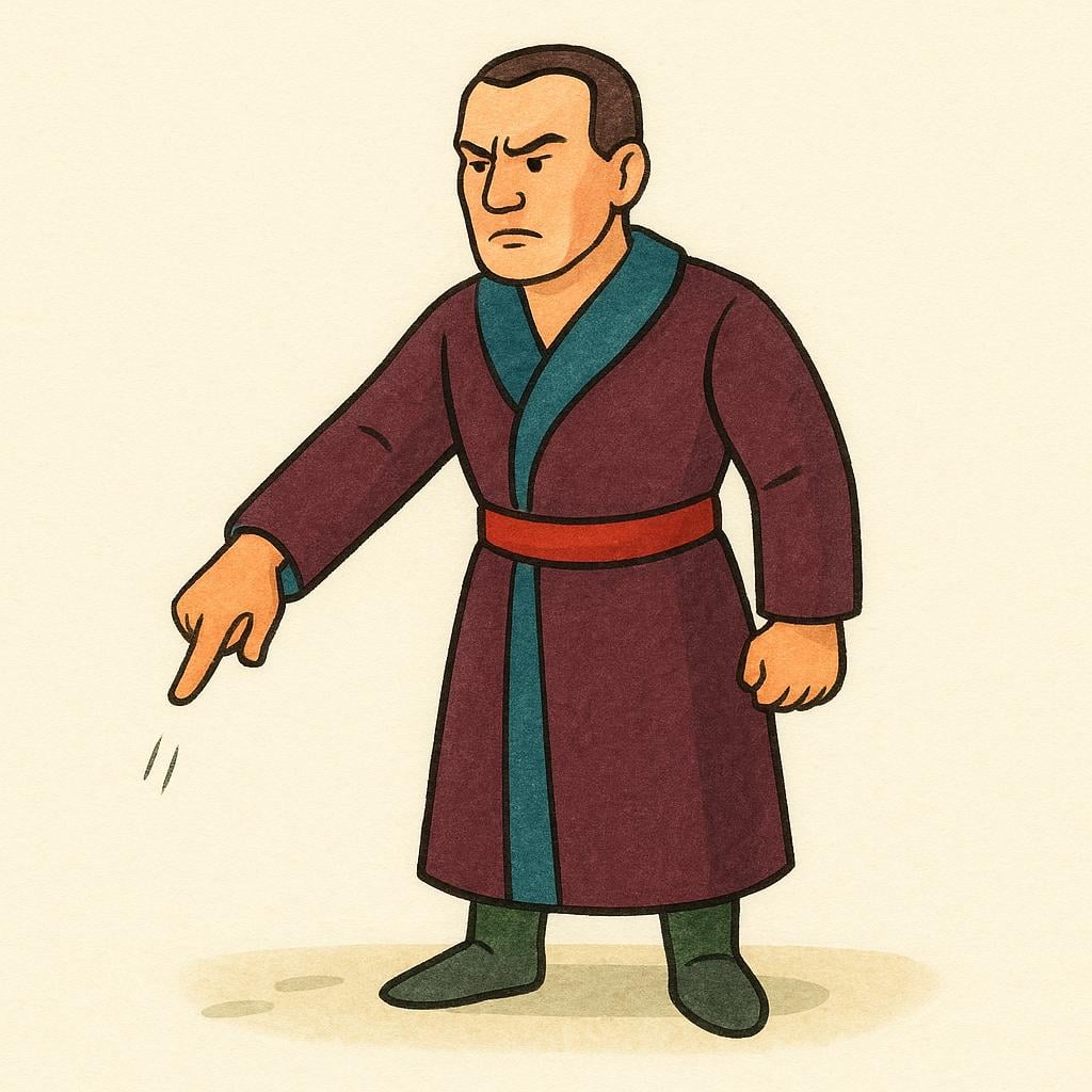 A stern figure with a clear posture of authority, pointing one hand downward emphatically, indicating a command has been given.