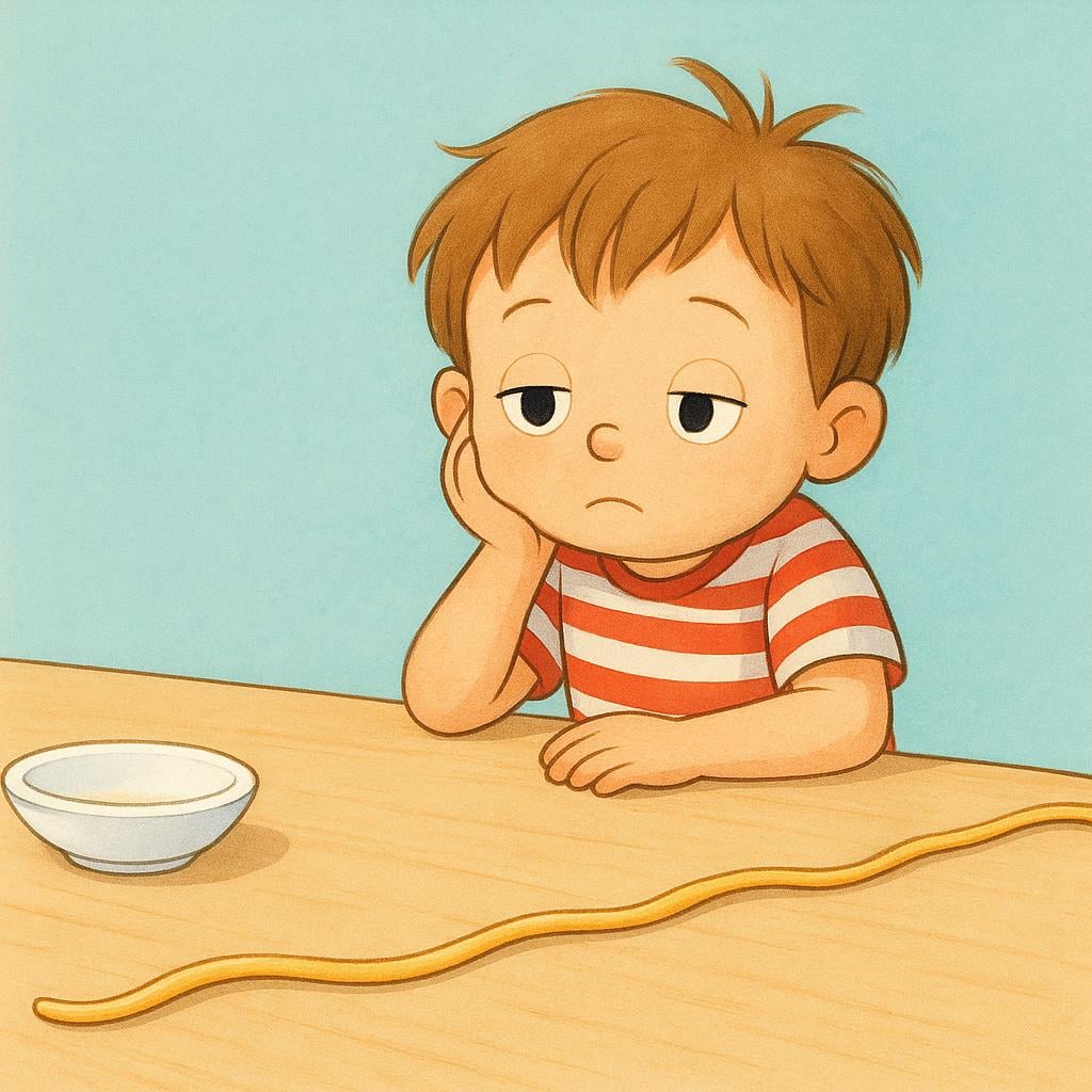 A child sits slumped at a wooden table, resting their head on their hand, looking extremely bored while staring at a single, long strand of spaghetti that stretches across the table.