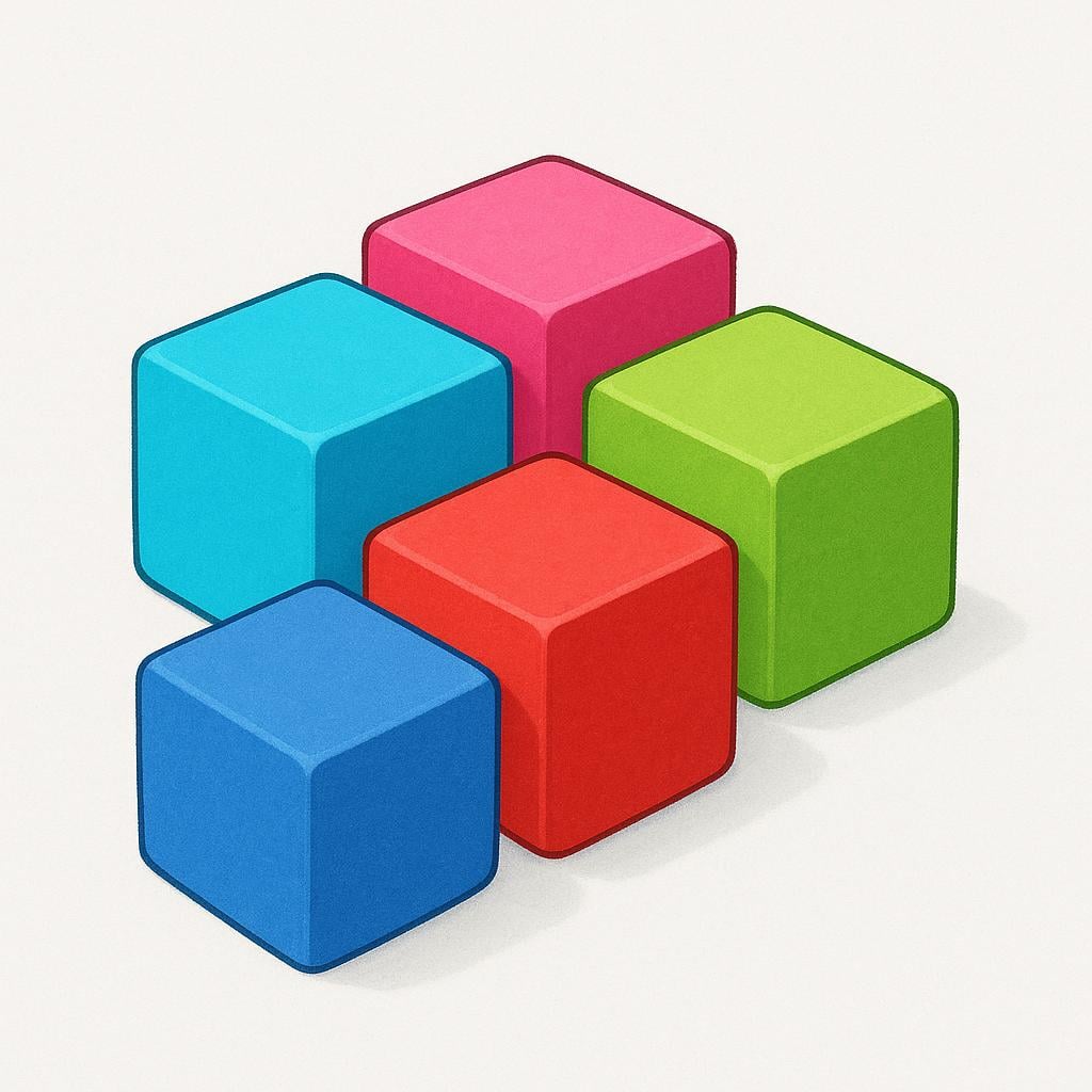 A tight cluster of five identical, brightly colored geometric blocks pressed together, symbolizing a cohesive group or alliance.