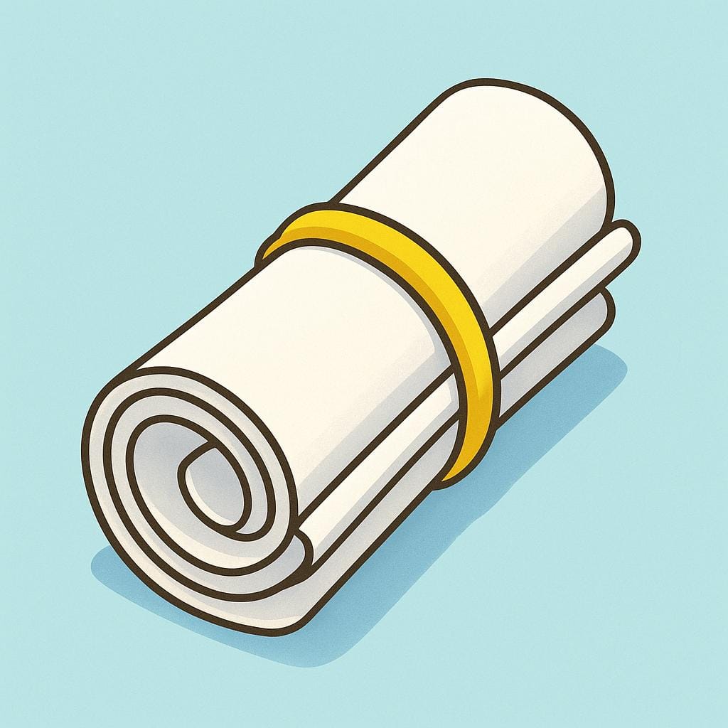 A thick yellow rubber band stretched around a bundle of rolled-up white papers.