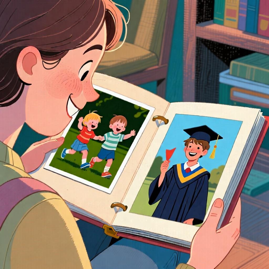 A person looking through a photo album, with pictures showing them as a child, a student, and now an adult, representing the passage of time and past states of being.