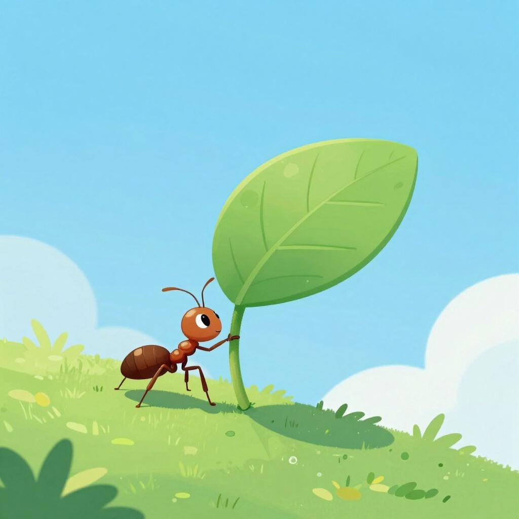 A small ant pushing a large leaf up a steep hill.