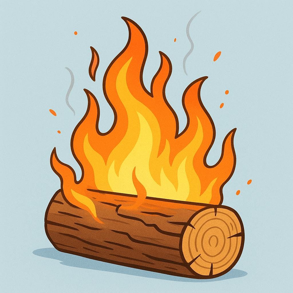 A brightly colored, simple illustration of a wooden log actively burning with large, vibrant orange and yellow flames, set against a dark background.
