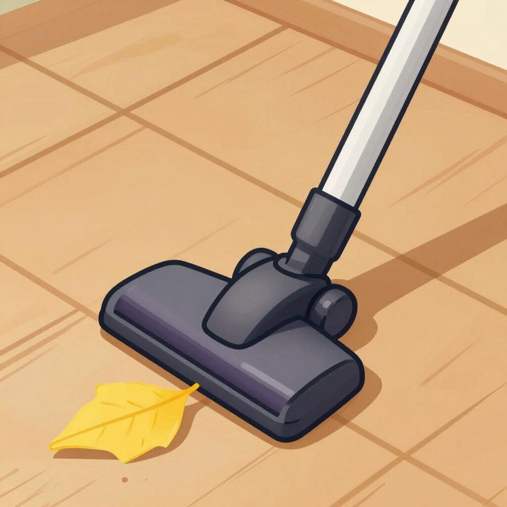 A vacuum cleaner nozzle pulling a single colorful leaf off a clean wooden floor.