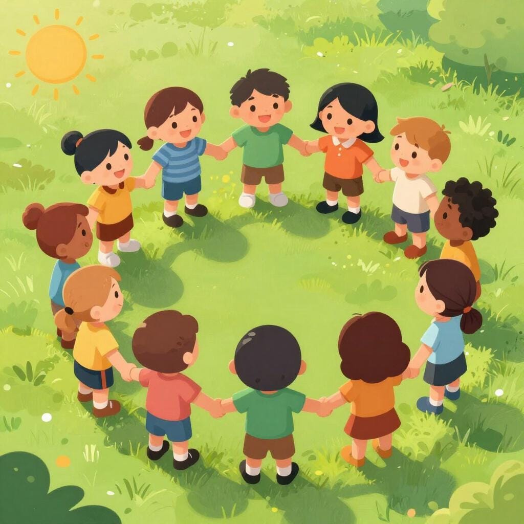 Eine Gruppe fröhlicher Kinder, die sich im grünen Park an den Händen halten.