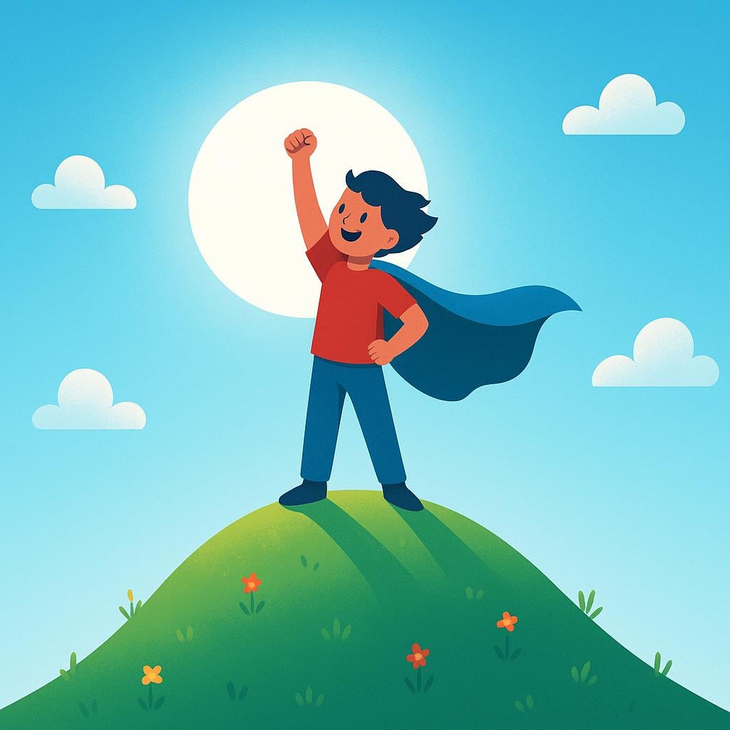 A person standing triumphantly on the peak of a hill with their arm raised in victory, symbolizing achievement.