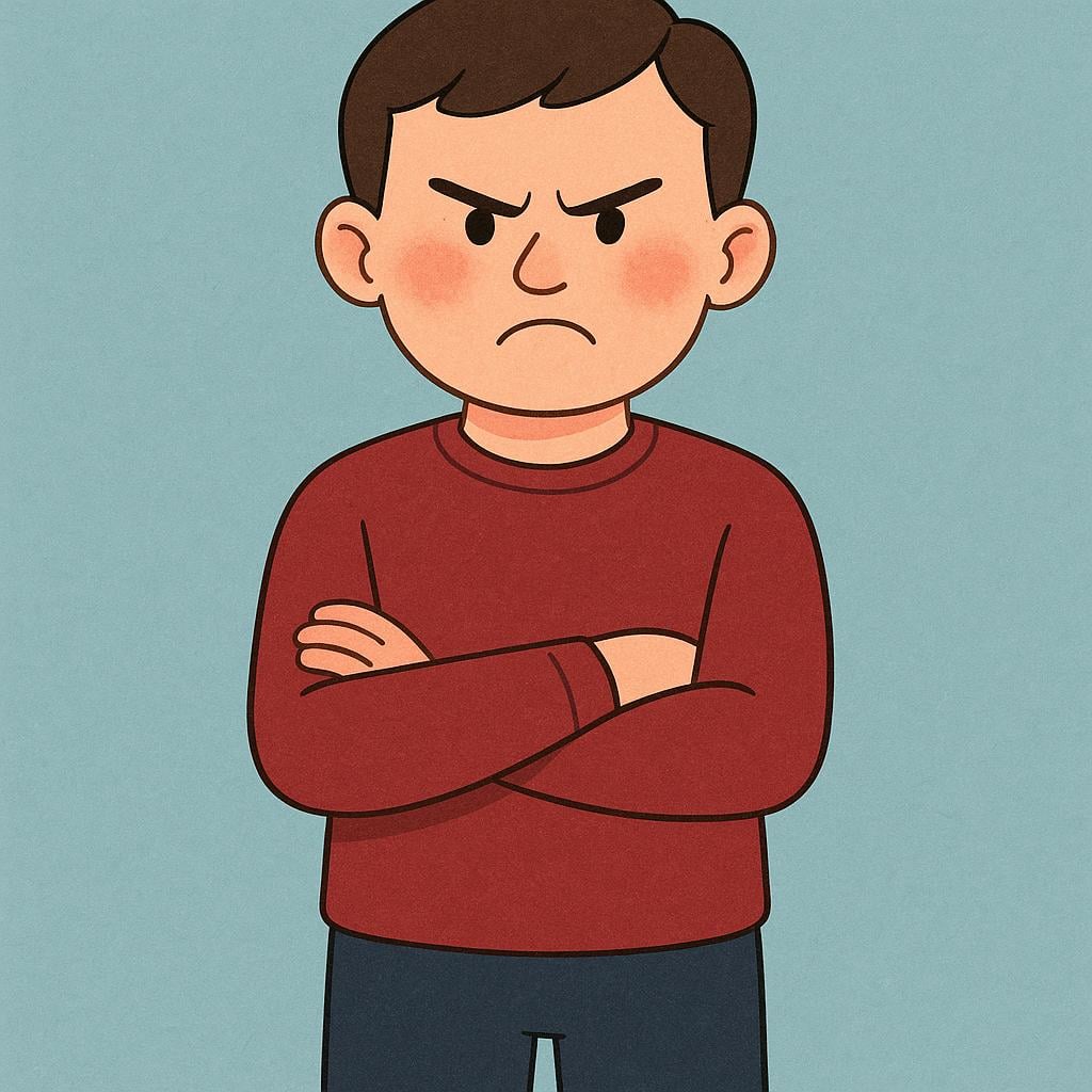 A stylized person with crossed arms and a severe, angry facial expression, standing against a plain background.
