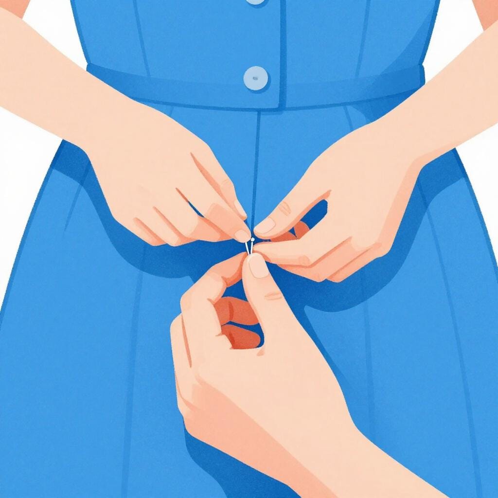 Um alfaiate usando pequenos alfinetes para ajustar a bainha de um vestido colorido.