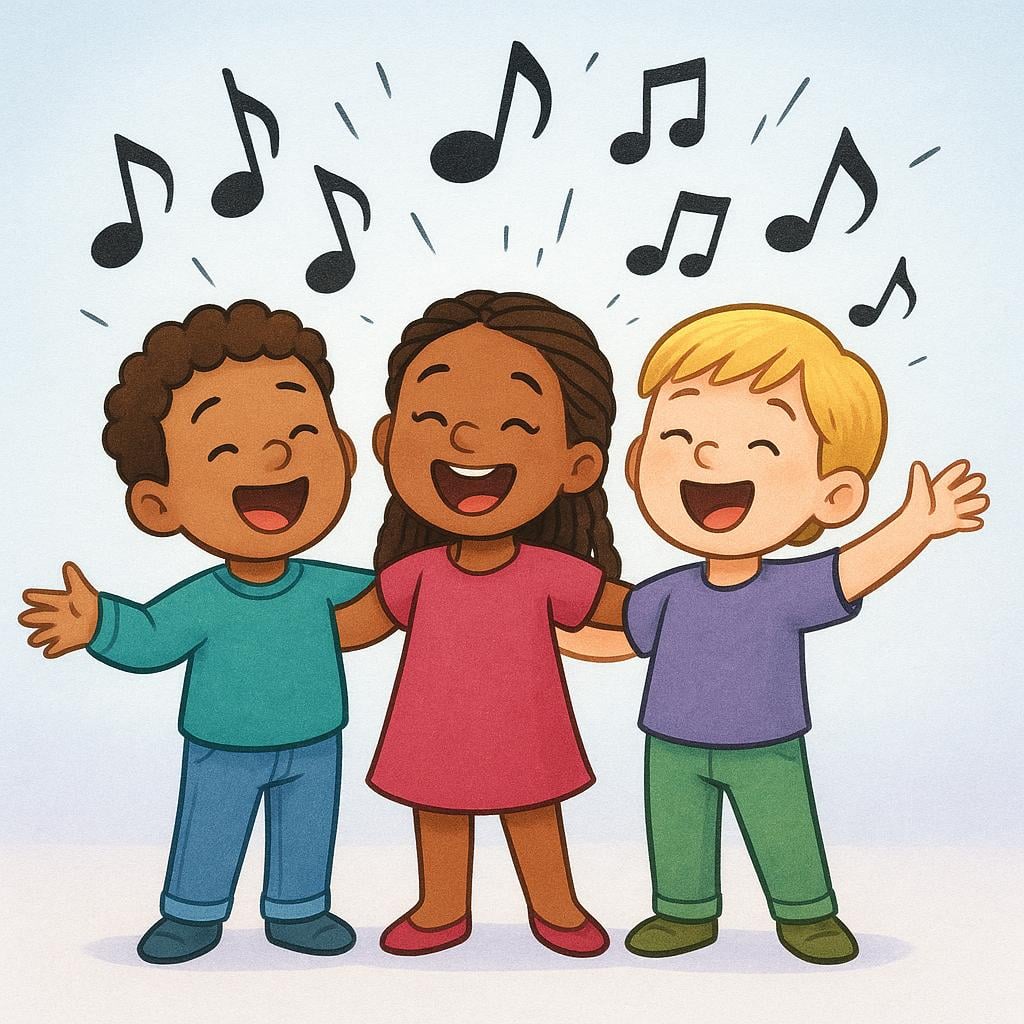 Three cheerful, cartoon-like characters singing enthusiastically and closely together, with musical notes floating above them, symbolizing a song's chorus.