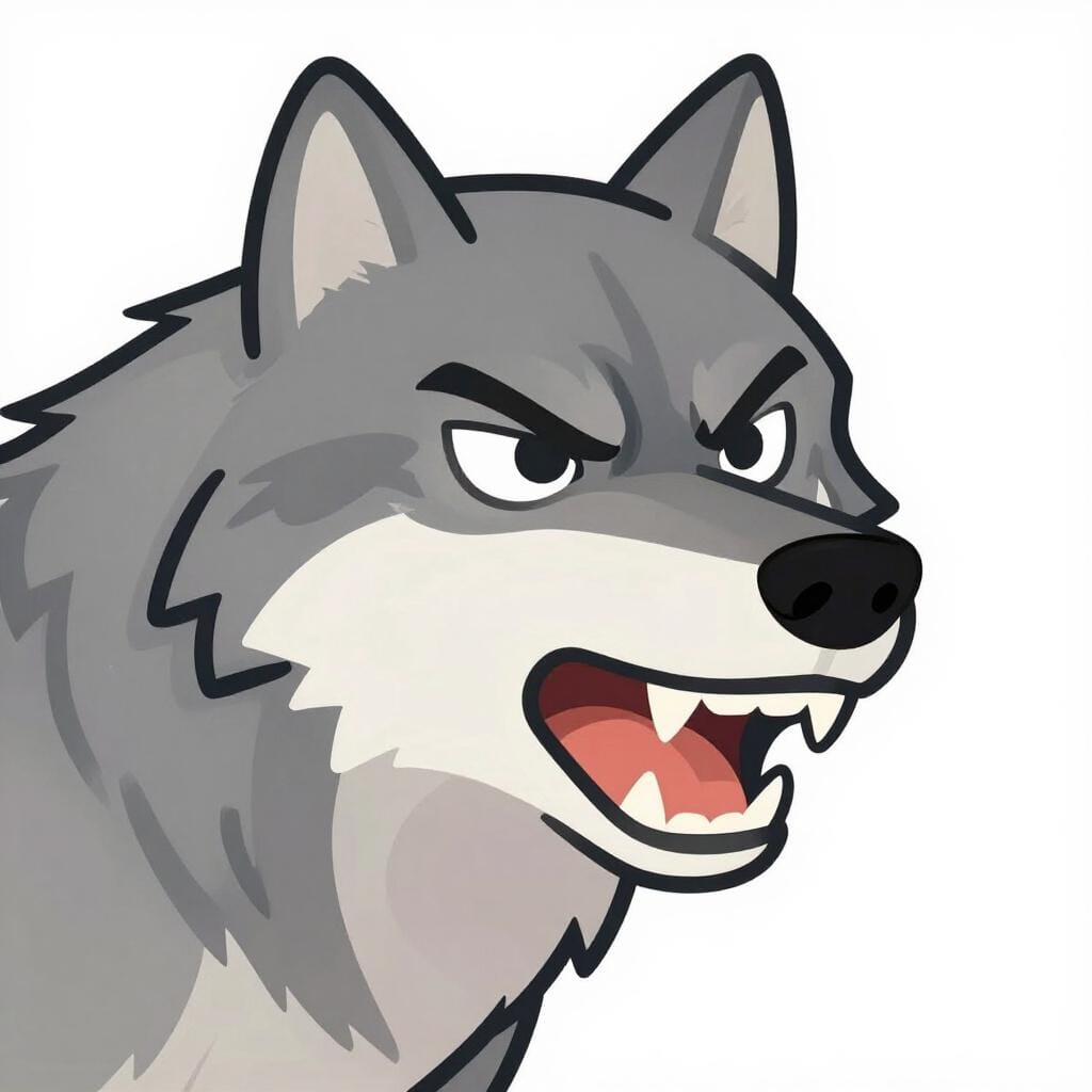 Une illustration simple d'un loup en colère avec la gueule légèrement ouverte, montrant les dents comme s'il émettait un son grave.