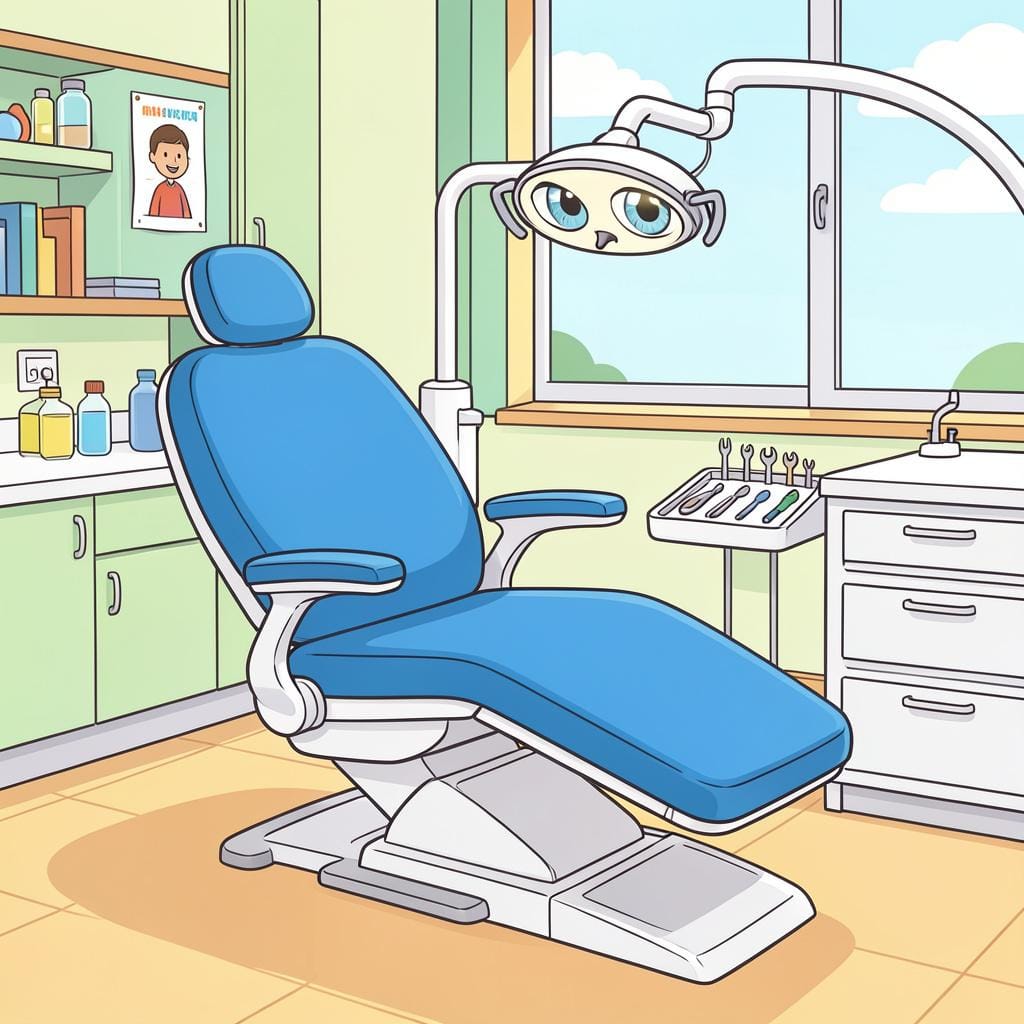 A clean, professional dentist's office with a reclining chair and medical equipment.