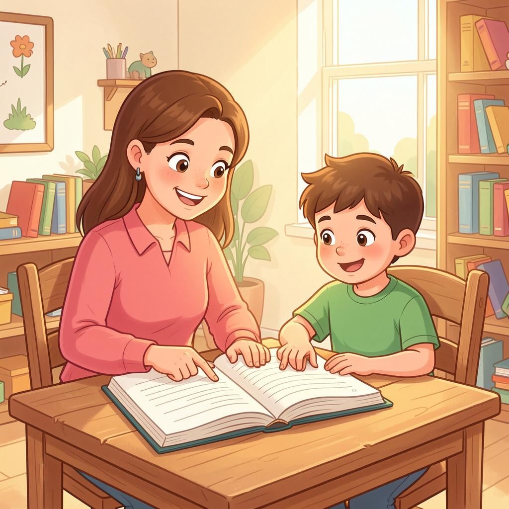 A teacher sitting at a table with a student, pointing at an open book.
