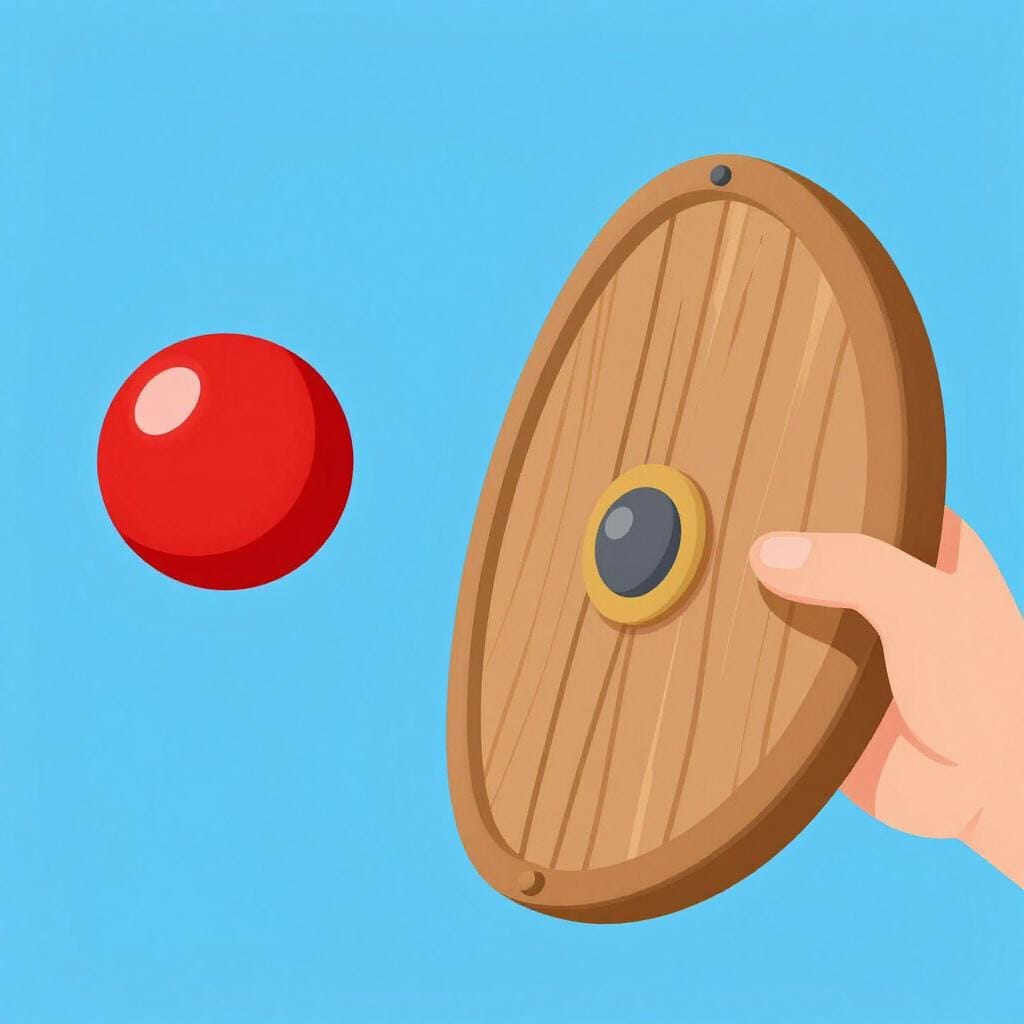 A wooden shield blocking a small rubber ball and bouncing it away.