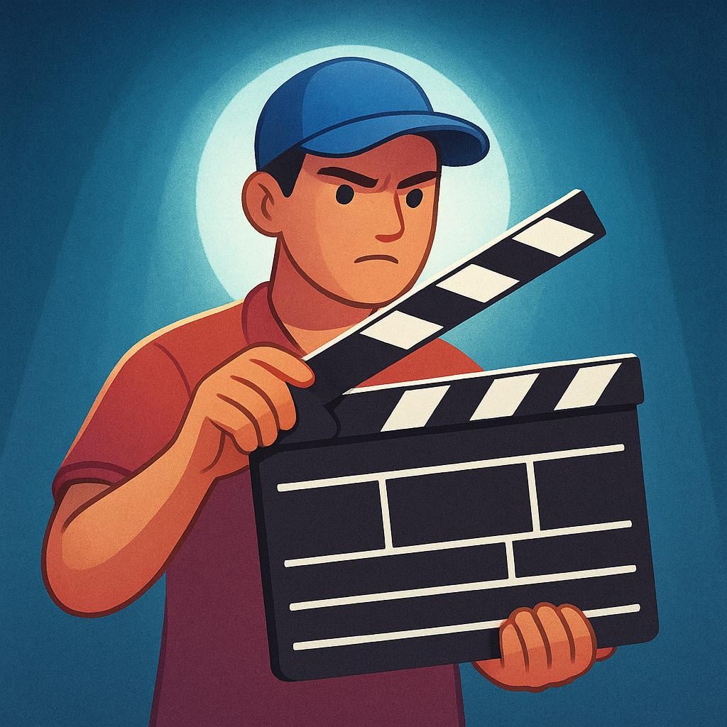 A person wearing a baseball cap holding a classic black and white film clapperboard on a movie set.