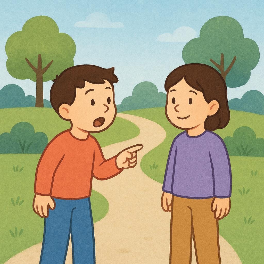 Een persoon die helder lacht en opgewonden naar een andere persoon wijst, wat aangeeft dat ze hen herkennen.