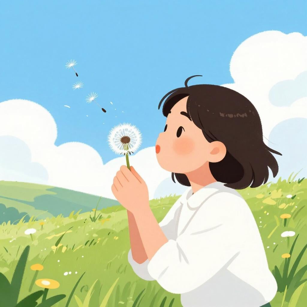 A person blowing on a fluffy white dandelion, sending seeds floating through the air over a green field.