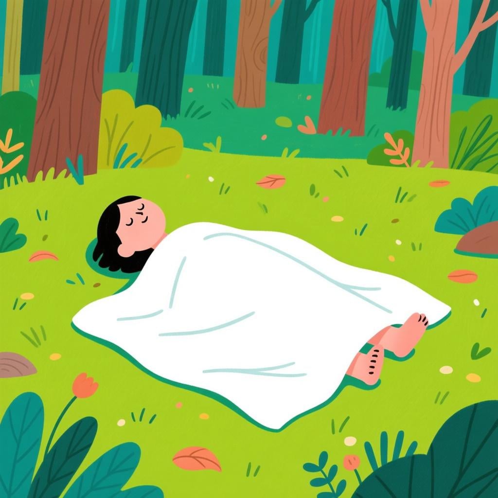 A simple, solemn illustration showing a figure lying completely still on the ground, partially covered by a sheet.