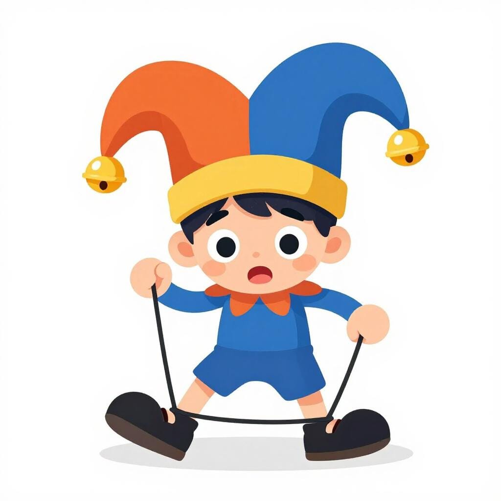 A person wearing a colorful jester hat with bells, tripping over their own shoelaces.