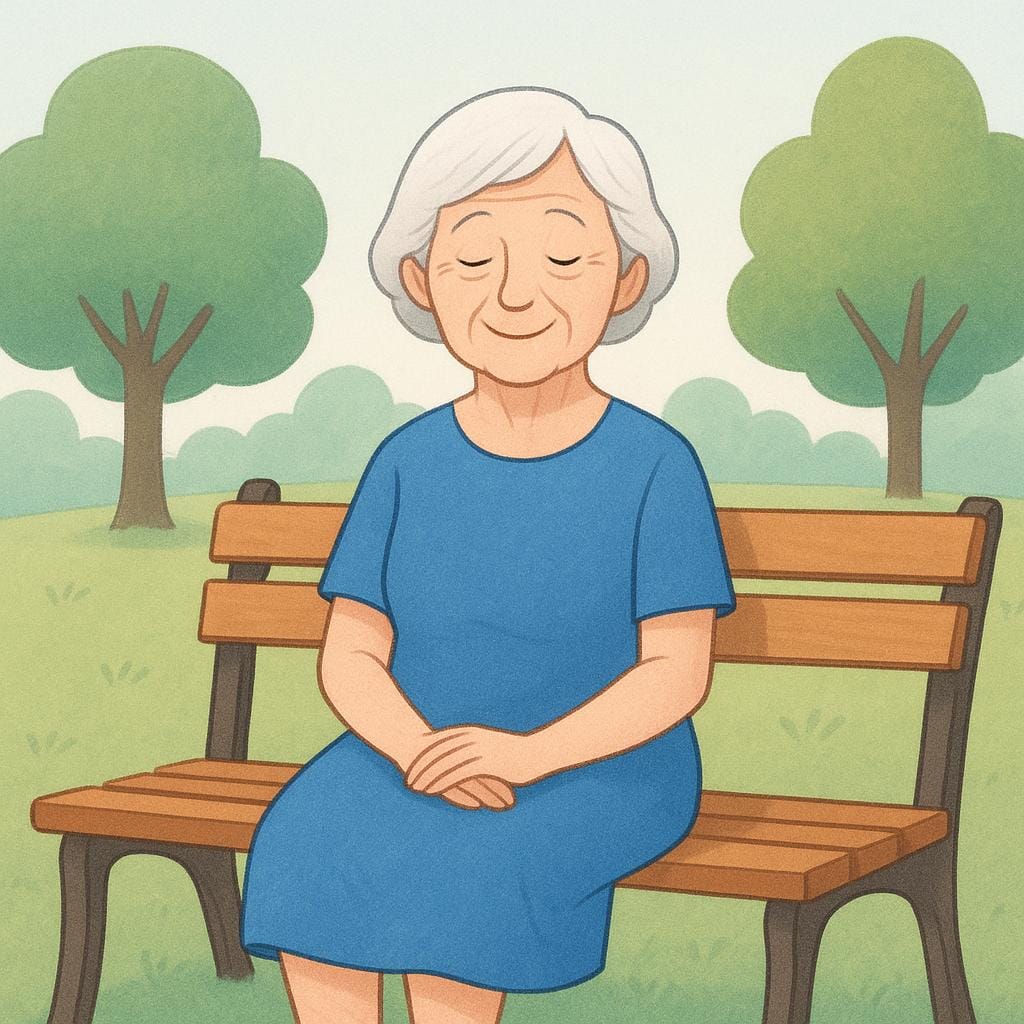 An illustration of a kind elderly woman with silver hair, wearing glasses, sitting on a bench.