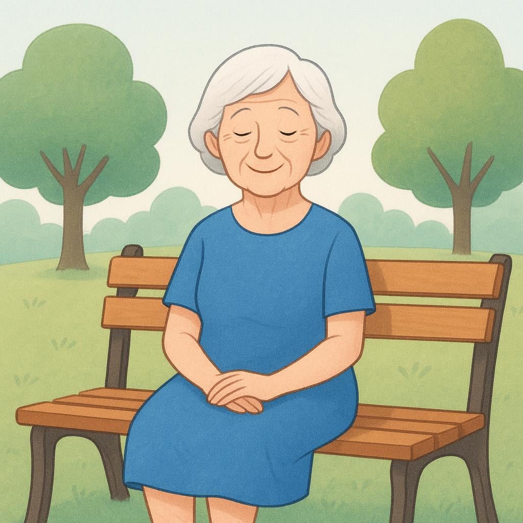 An illustration of a kind elderly woman with silver hair, wearing glasses, sitting on a bench.
