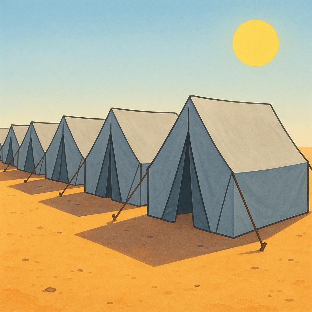 Several rows of identical, functional canvas tents set up in an organized line on dry ground, representing a temporary camp.
