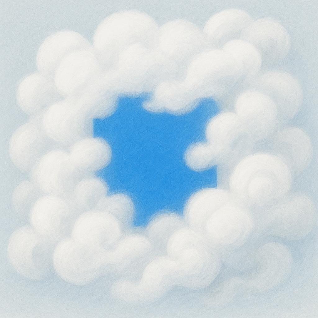 A blue square is mostly hidden and distorted by dense white swirling fog.