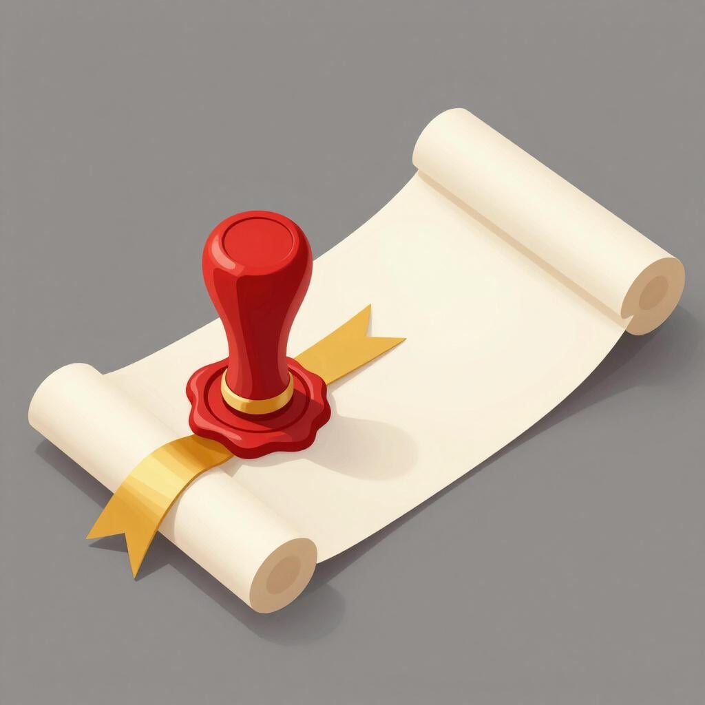 Un documento formale con un sigillo di cera appoggiato su un tavolo di legno.