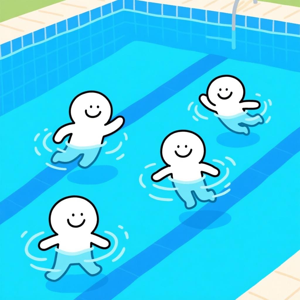 Drei fröhliche Zeichentrickfiguren schwimmen leicht und kompetent über ein leuchtend blaues Schwimmbecken.