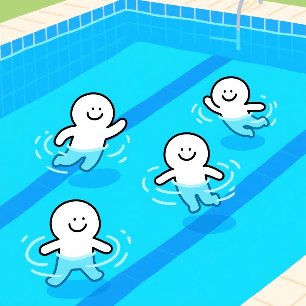 Three joyful cartoon figures swimming easily and competently across a bright blue pool.