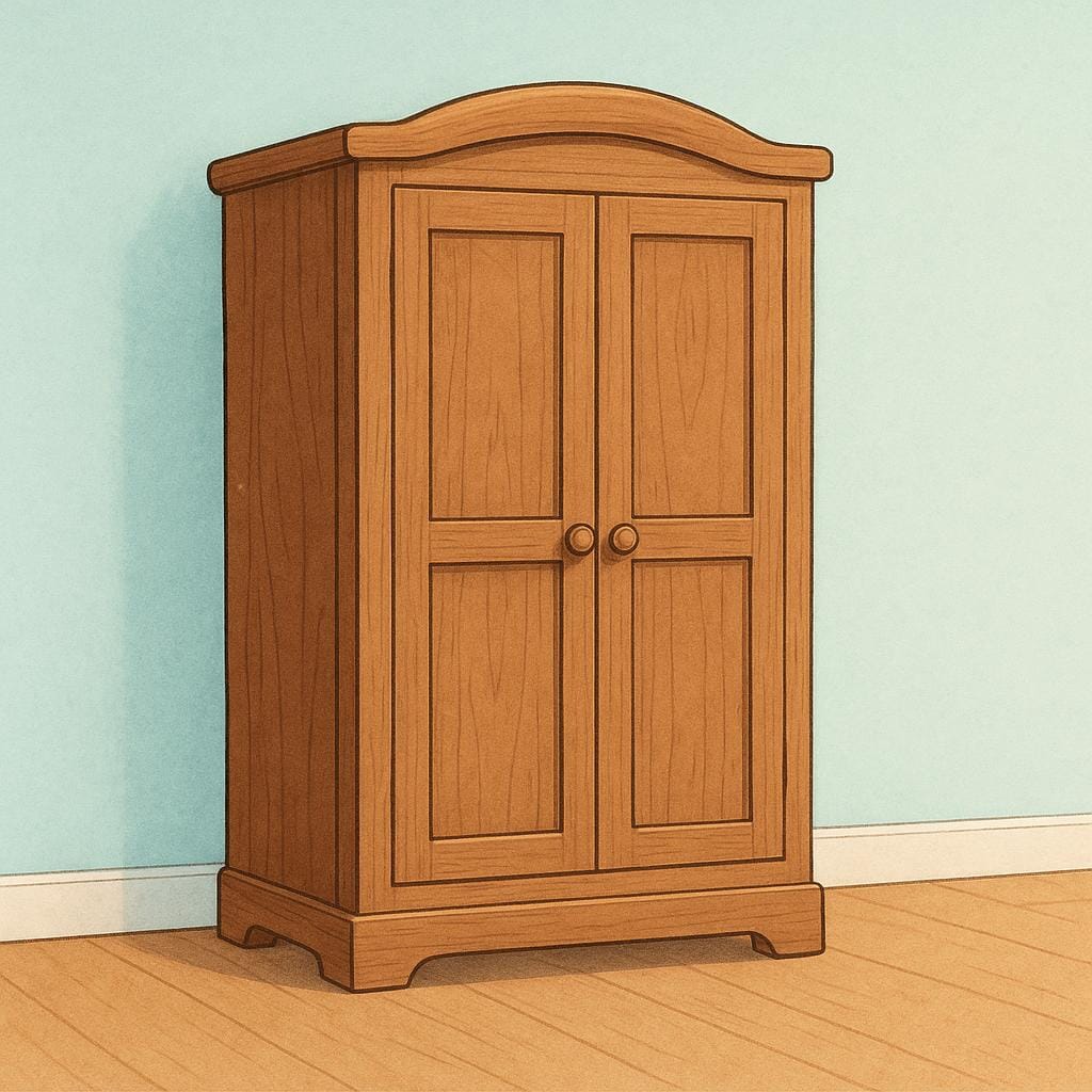 A tall, wooden freestanding piece of furniture with two doors, designed for storing clothes, often referred to as a wardrobe.