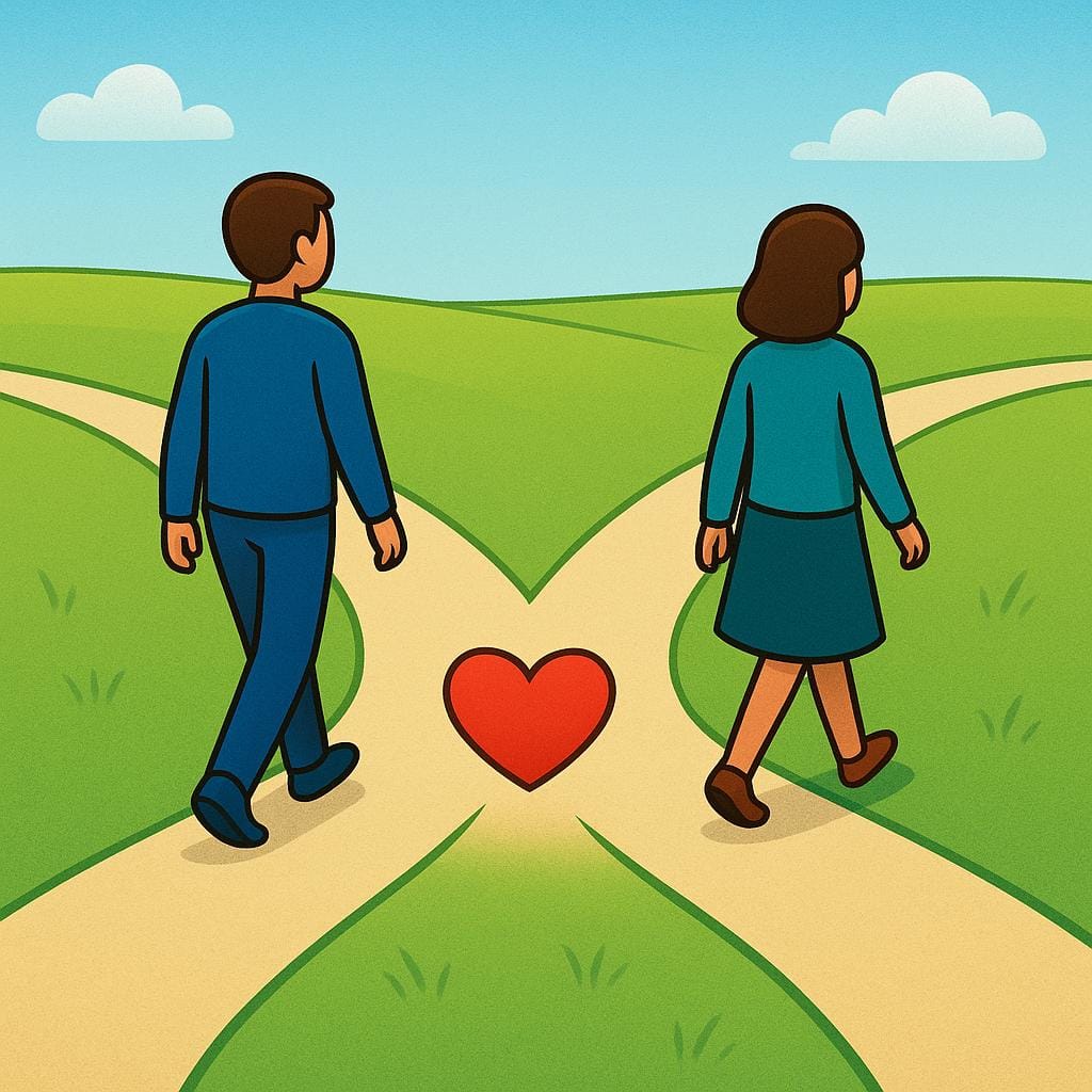 Two simple, stylized human figures walking away from each other on separate, diverging paths in a green field, symbolizing the end of their relationship.