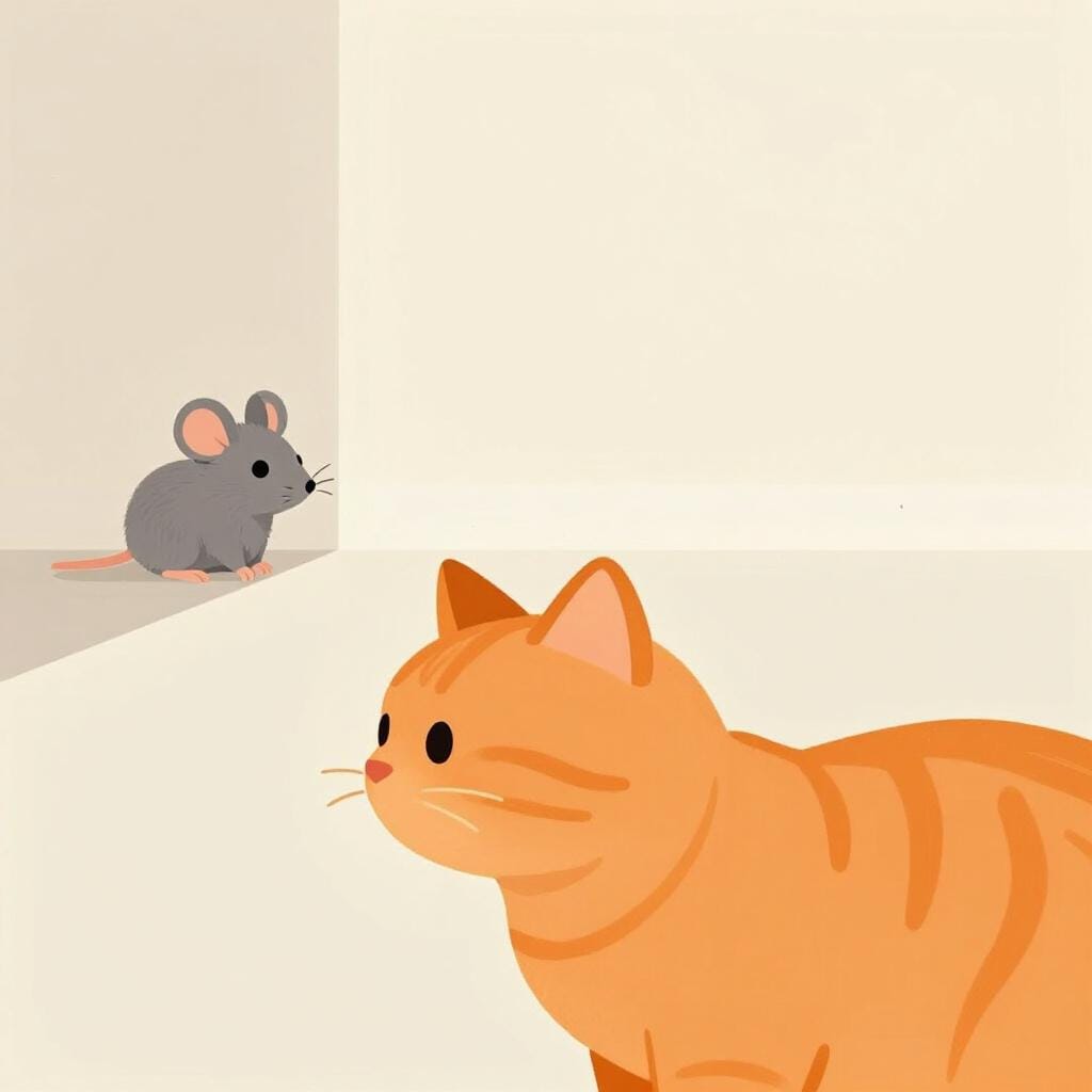 Eine kleine graue Maus, die sich in den Schatten eines bunten Zimmers einfügt, unbemerkt von einer Katze, die wegschaut.