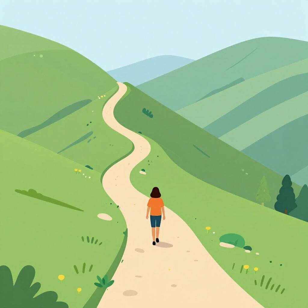 A hiker walking down a steep mountain path toward a lush valley.