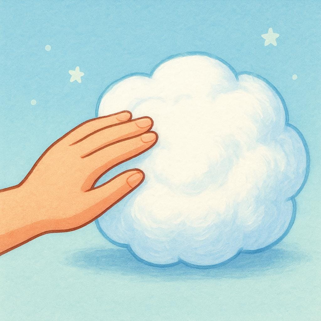 A hand gently touching a large, fluffy, white cotton ball, emphasizing softness.