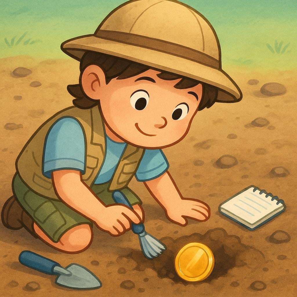 A child archaeologist is brushing dirt away from a newly discovered shiny golden coin buried in the ground, illustrating the process of finding something.