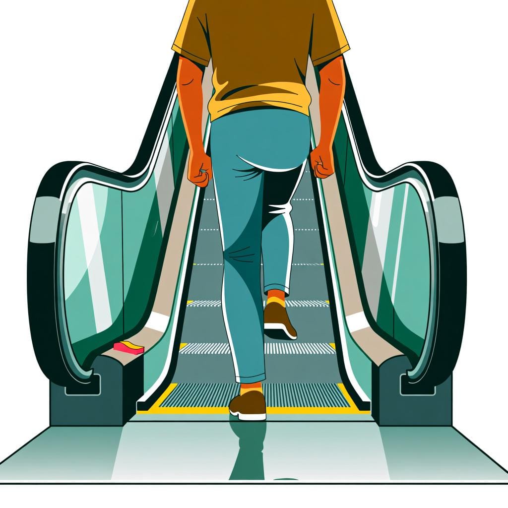 A person stepping off the final step of a downward-moving escalator onto the lower floor, depicting the action of going down.