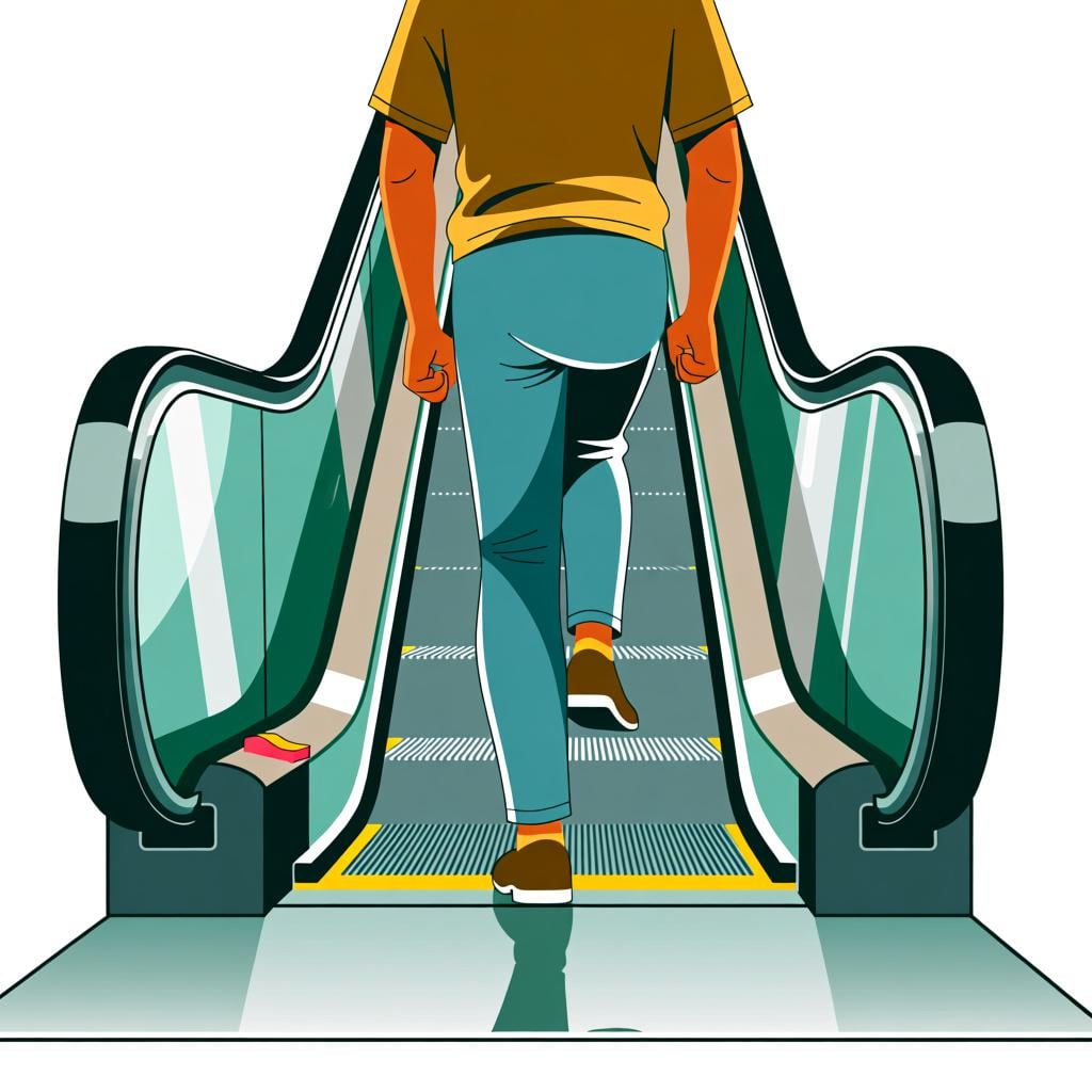 A person stepping off the final step of a downward-moving escalator onto the lower floor, depicting the action of going down.