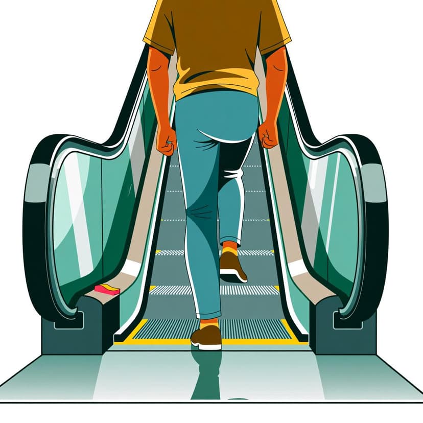 A person stepping off the final step of a downward-moving escalator onto the lower floor, depicting the action of going down.