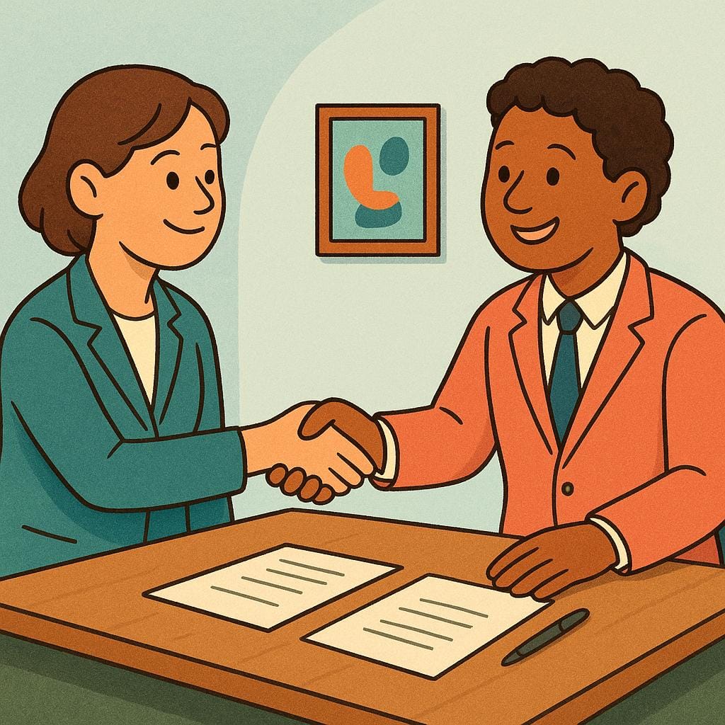 A colorful illustration of two people shaking hands over a desk, symbolizing a job offer being accepted.