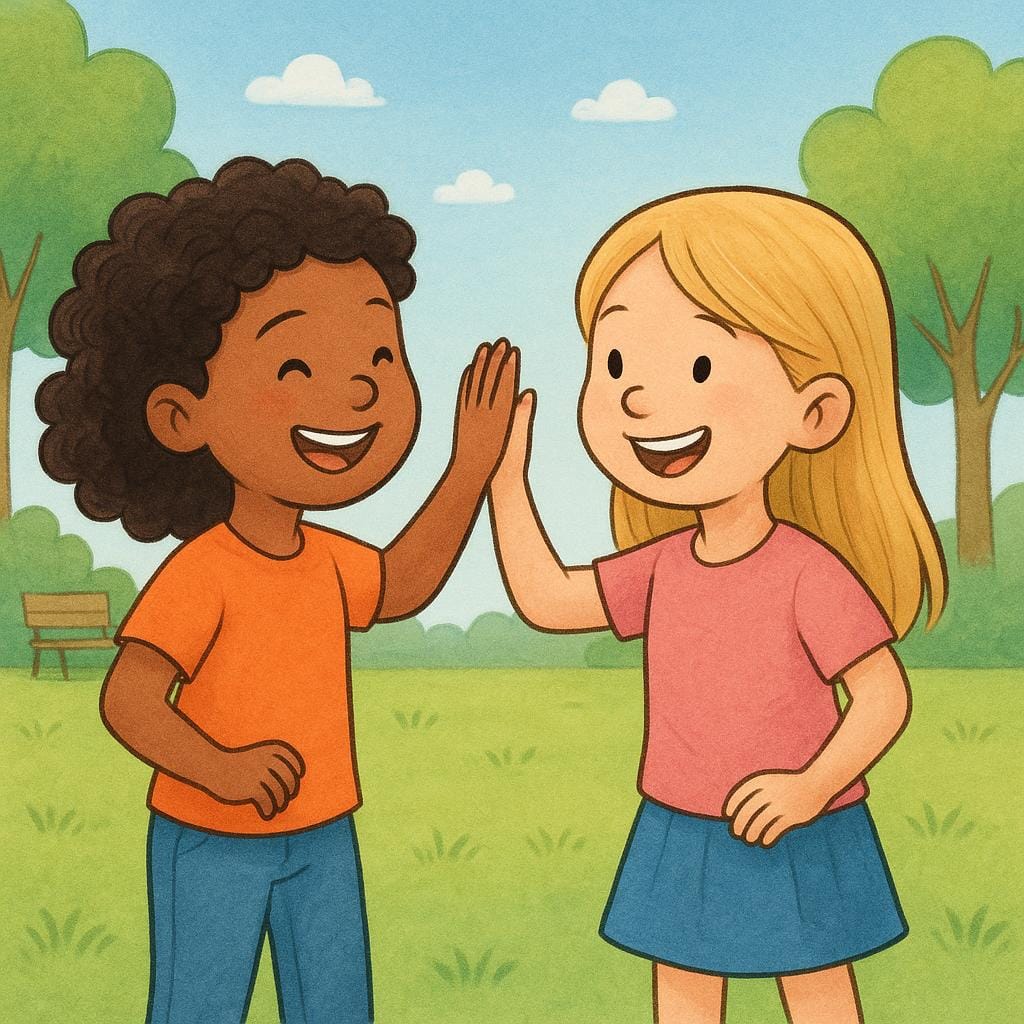 Two young girls with contrasting hair colors smiling brightly and giving each other a friendly high-five in a park.